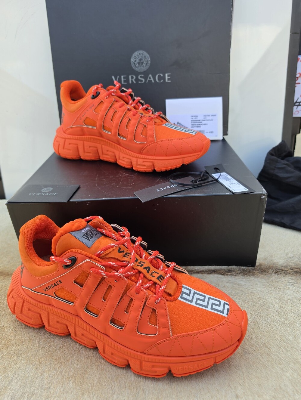 Versace Orange Canvas and Leather Trigreca Lace Up Sneakers Size 44